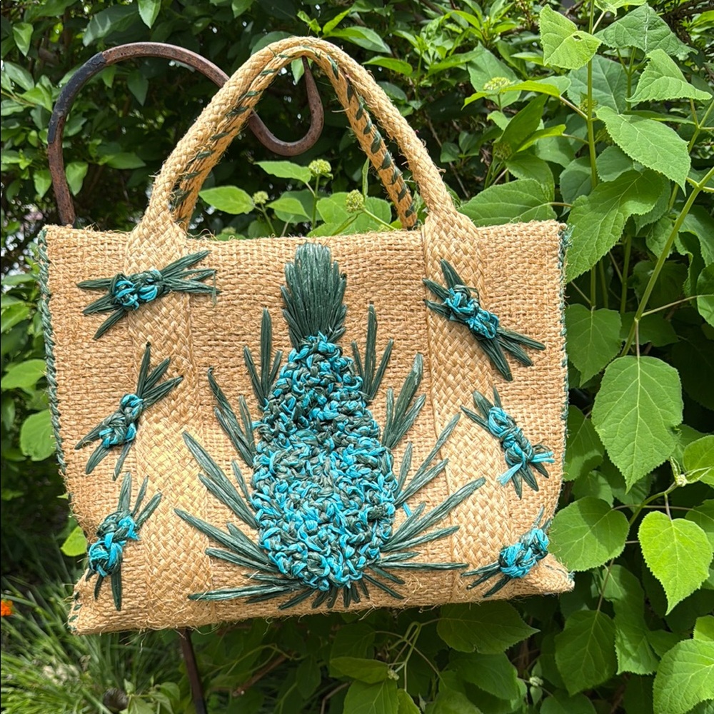 Handcrafted Straw raffia woven pineapple Tote Bag with Teal Accents